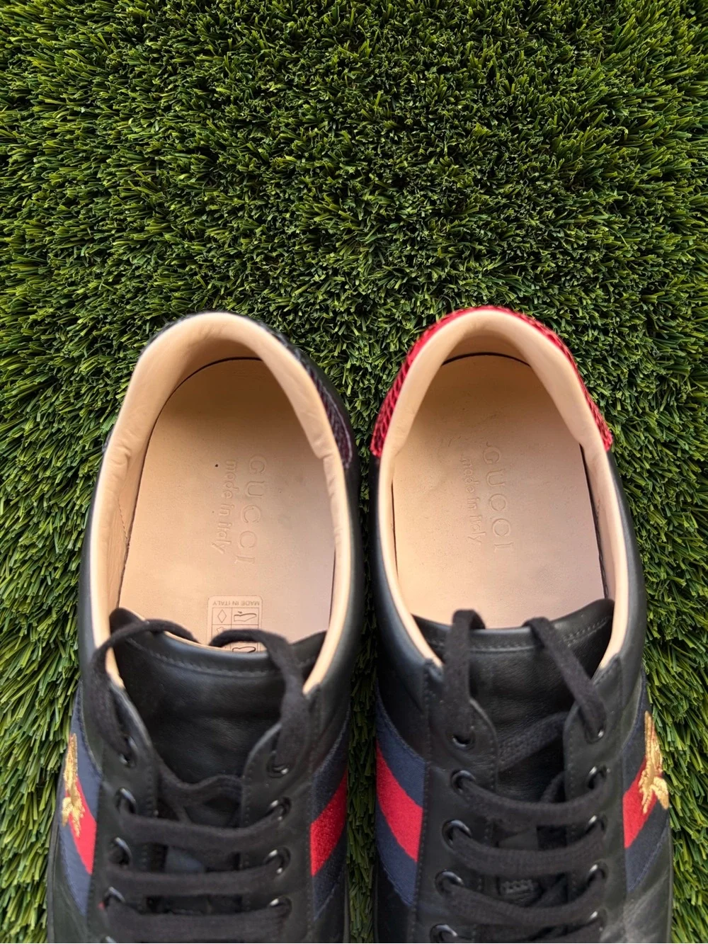 Gucci Black Leather Sneakers with Red & Blue Stripe and Gold Bee